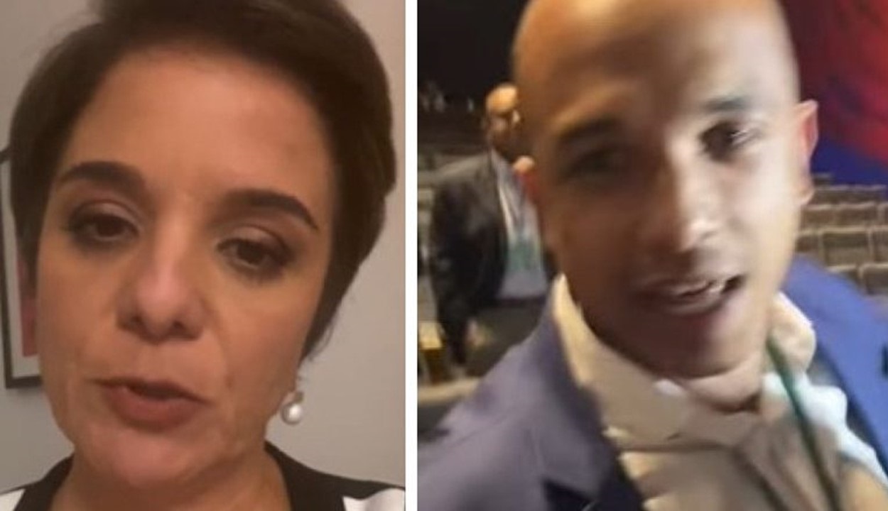 Montagem de fotos de Vera Magalhães e deputado bolsonarista em debate na TV Cultura